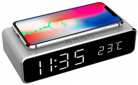 DAC-WPC-01-S Digitale wekker met draadloze laadfunctie voor smartphone zilver