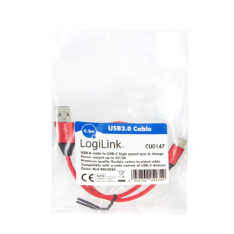 USB 2.0 C  USB-A 0.30m LogiLink Rood