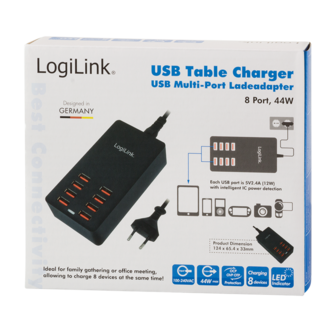 100V-240V 8xUSB 8000mA LogiLink Zwart