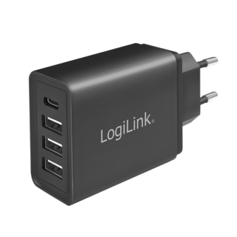 Lader 230V 1xUSB-C 15W+3xUSB-A 12W LogiLink Zwart