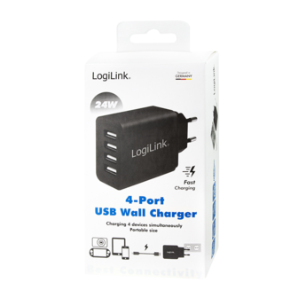 Lader 230V 4xUSB-A 24W LogiLink Zwart