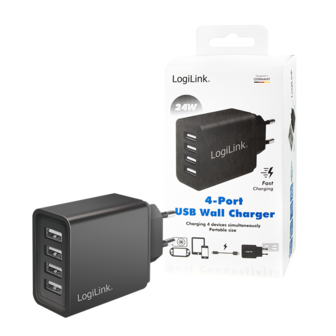 Lader 230V 4xUSB-A 24W LogiLink Zwart