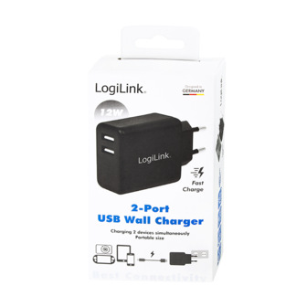 Lader 230V 2xUSB-A 12W LogiLink Zwart