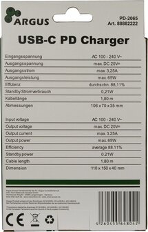 Lader 230V 1xUSB-C 65W Argus PD-2065 Zwart