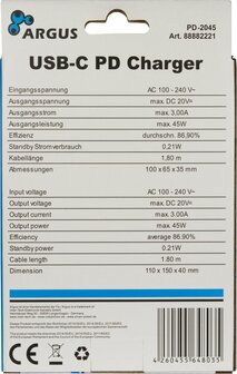 Lader 230V 1xUSB-C 45W Argus PD-2045 Zwart