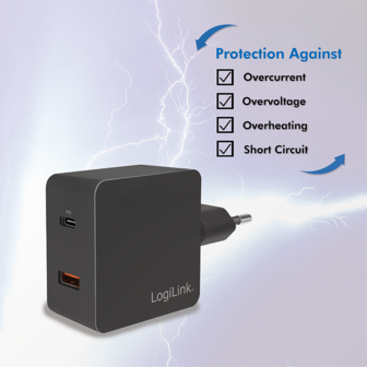 Lader 230V 1xUSB-C 18W+1xUSB-A 18W LogiLink Zwart