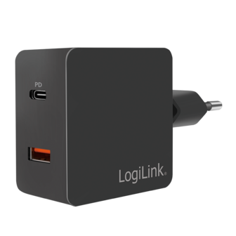 Lader 230V 1xUSB-C 18W+1xUSB-A 18W LogiLink Zwart