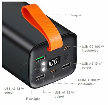 Power Bank 50000mAh LogiLink 2xUSB-C, 3x USB-A Zwart
