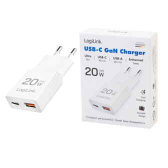 Lader 230V 1xUSB-C 20W+1xUSB-A 18W LogiLink Zwart
