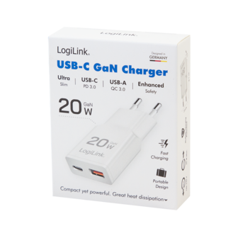 Lader 230V 1xUSB-C 20W+1xUSB-A 18W LogiLink Zwart
