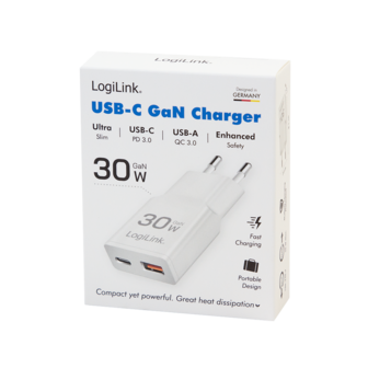Lader 230V 1xUSB-C 30W+1xUSB-A 18W LogiLink Zwart