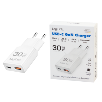 Lader 230V 1xUSB-C 30W+1xUSB-A 18W LogiLink Zwart