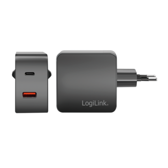 Lader 230V 1xUSB-C 45W+1xUSB-A 20W LogiLink Zwart