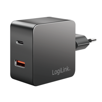 Lader 230V 1xUSB-C 45W+1xUSB-A 20W LogiLink Zwart