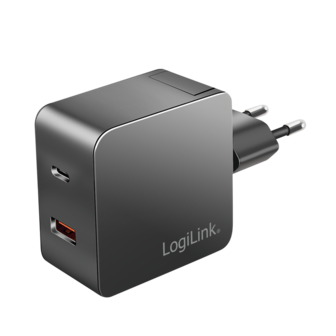Lader 230V 1xUSB-C 45W+1xUSB-A 20W LogiLink Zwart