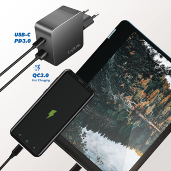 Lader 230V 1xUSB-C 45W+1xUSB-A 20W LogiLink Zwart