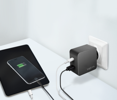 Lader 230V 1xUSB-C 45W+1xUSB-A 20W LogiLink Zwart