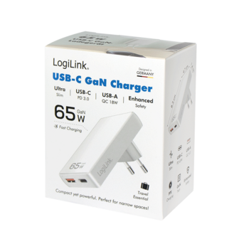 Lader 230V 1xUSB-C 65W+1xUSB-A 18W LogiLink Zwart