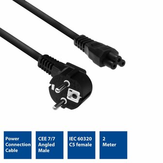 ACT AC3310 | Elektriciteitssnoer | 2 Meter | CEE7/7 naar C5 Stekker (3-Pin) | Zwart