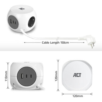 ACT AC2420 | Stekkerdoos Kubus | 3 Stopcontacten | USB-A &amp; USB-C | 30W | 1,5 m | Wit
