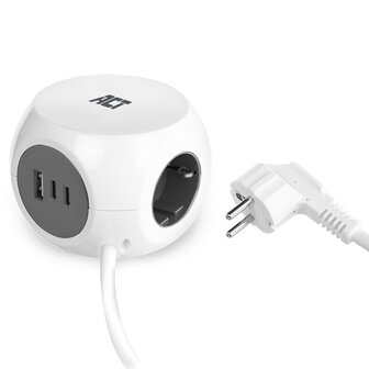 ACT AC2420 | Stekkerdoos Kubus | 3 Stopcontacten | USB-A &amp; USB-C | 30W | 1,5 m | Wit