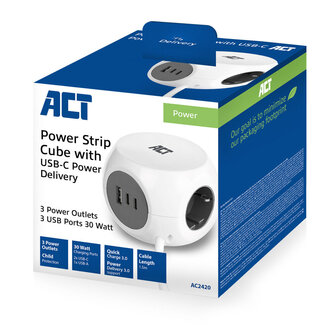 ACT AC2420 | Stekkerdoos Kubus | 3 Stopcontacten | USB-A &amp; USB-C | 30W | 1,5 m | Wit