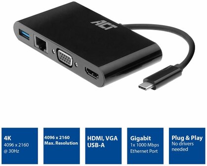 ACT AC7330 | Docking Station | USB-C | HDMI + VGA + USB | Zwart