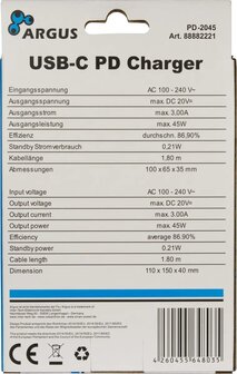 Argus 230V 1xUSB-C 45W PD-2045