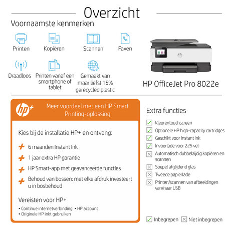 HP OfficeJet Pro 8022e AIO / WLAN /LAN /FAX / Wit-Zwart