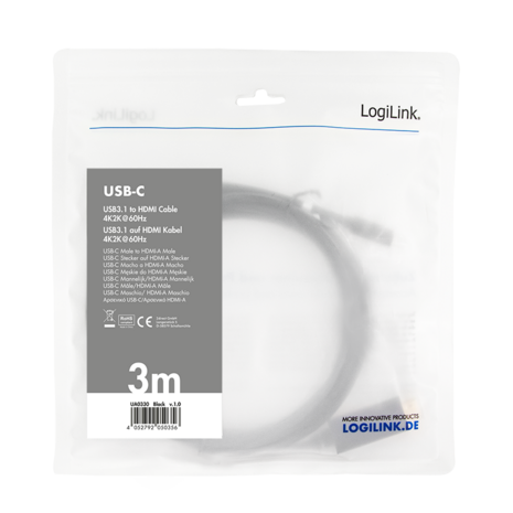 USB-C 3.2 (M) --> HDMI 2.0 (M) 3.00m LogiLink