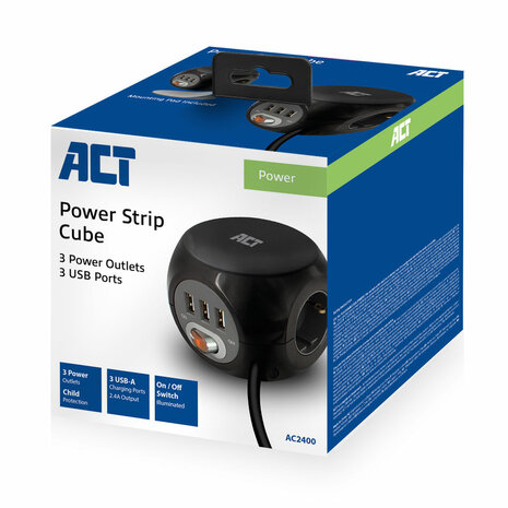 AC2400 Vierkante stekkerdoos cube met 3 stopcontacten, USB-A-poorten, 1,5m