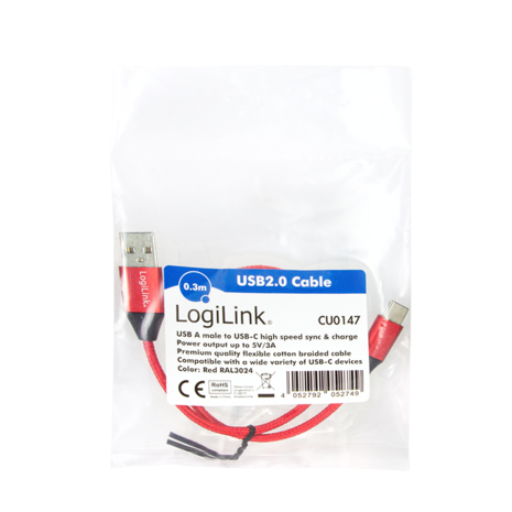 USB 2.0 C  USB-A 0.30m LogiLink Rood