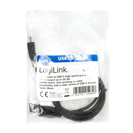 USB 2.0 C  USB-A 1.00m LogiLink Zwart + meetlint