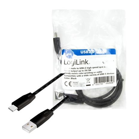 USB 2.0 C  USB-A 1.00m LogiLink Zwart + meetlint