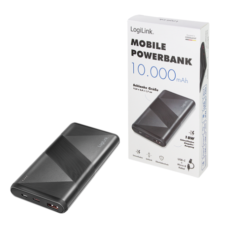 Power Bank 10000mAh LogiLink 1xUSB-C, 1xUSB-A Zwart