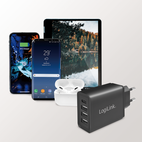 Lader 230V 1xUSB-C 15W+3xUSB-A 12W LogiLink Zwart