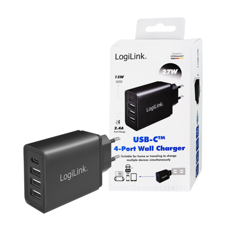 Lader 230V 1xUSB-C 15W+3xUSB-A 12W LogiLink Zwart