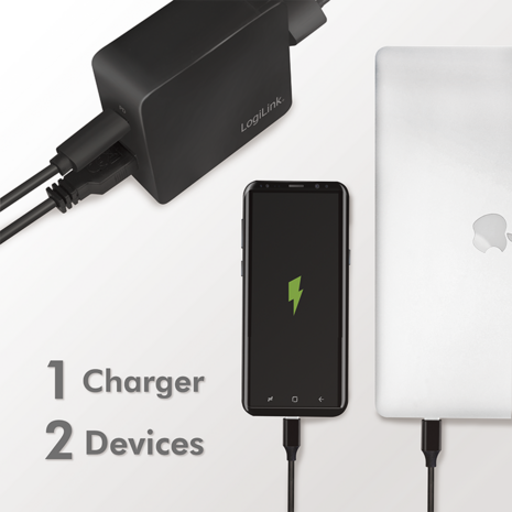 Lader 230V 1xUSB-C 65W+1xUSB-A 10,5W LogiLink Zwart