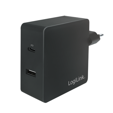 Lader 230V 1xUSB-C 65W+1xUSB-A 10,5W LogiLink Zwart