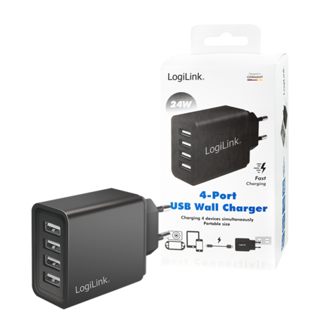 Lader 230V 4xUSB-A 24W LogiLink Zwart