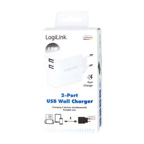 Lader 230V 2xUSB-A 12W LogiLink Wit