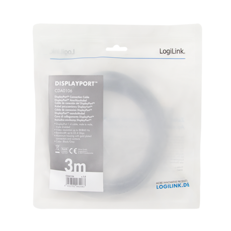 DisplayPort 1.4 3.00m 8K/60Hz LogiLink Aluminium