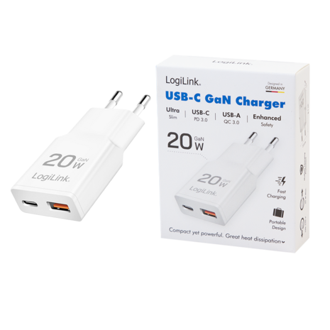 Lader 230V 1xUSB-C 20W+1xUSB-A 18W LogiLink Zwart