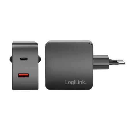 Lader 230V 1xUSB-C 45W+1xUSB-A 20W LogiLink Zwart