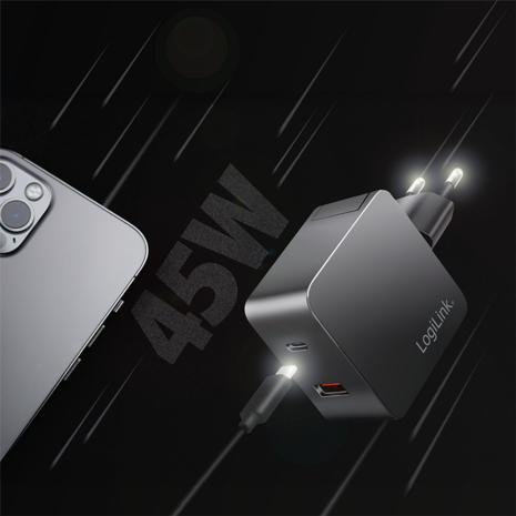 Lader 230V 1xUSB-C 45W+1xUSB-A 20W LogiLink Zwart