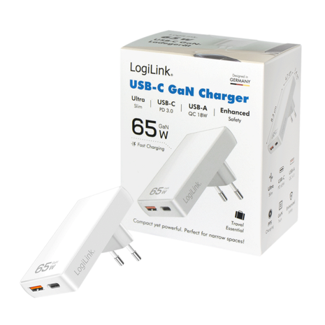 Lader 230V 1xUSB-C 65W+1xUSB-A 18W LogiLink Zwart