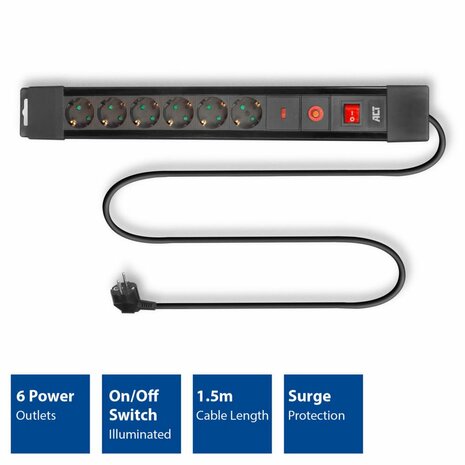 ACT AC2450 | Stekkerdoos met Overspanningsbeveiliging | 6 Stopcontacten | 1,5 m | Zwart