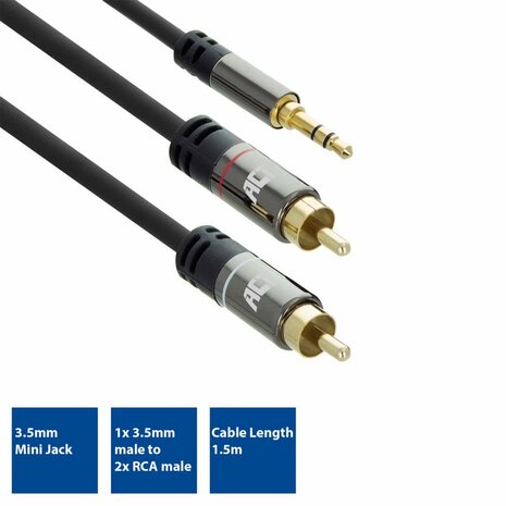 ACT AC3605 | 3.5mm naar 2x RCA Audiokabel | 1,5 Meter | Stereo | Zwart