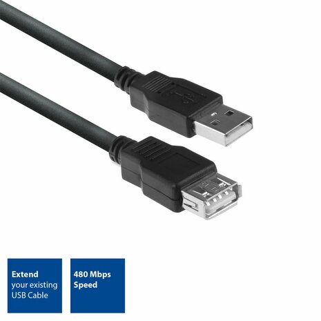 ACT AC3040 | USB 2.0 Kabel | USB-A naar USB-A | 1.8m | Zwart