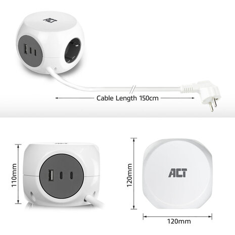 ACT AC2420 | Stekkerdoos Kubus | 3 Stopcontacten | USB-A & USB-C | 30W | 1,5 m | Wit